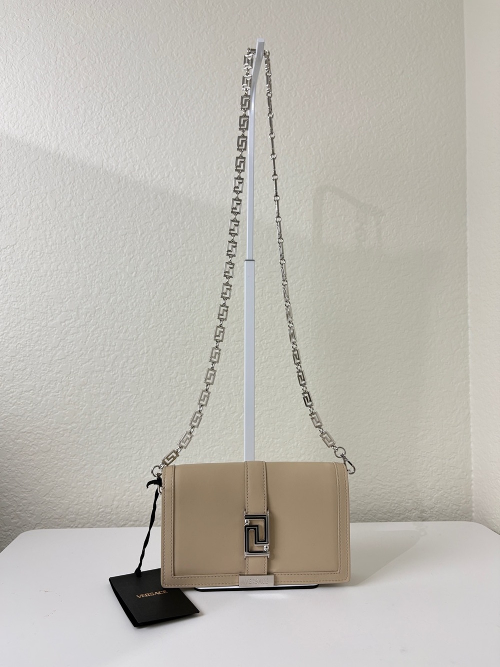 Versace Garcia Beige Leather Crossbody Bag with Silver Chain New